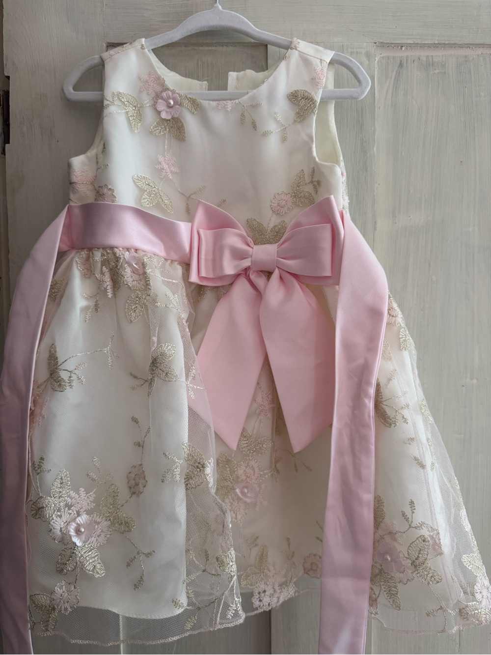 Rare Editions Ivory Lace Dress with Pink Sash